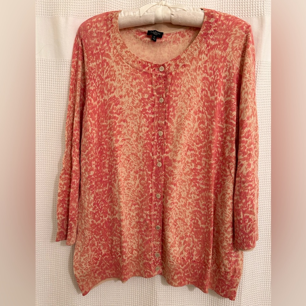Springtime pink and white floral cardigan with pearl buttons